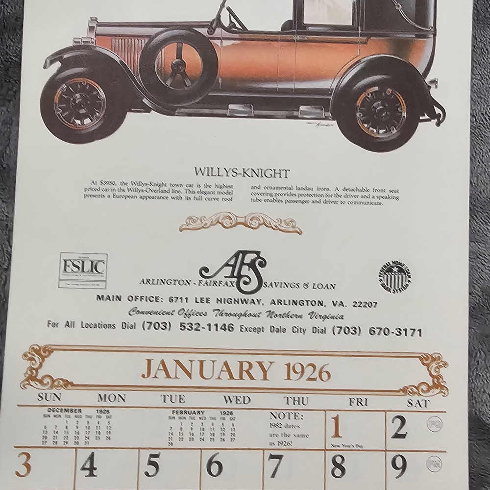 Vintage 1926 Willys-Knight Car Calendar